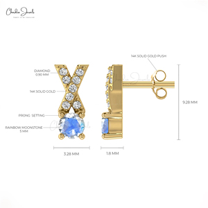 ต่างหูทองคำแท้ 14k ประดับมูนสโตนสีรุ้งทรงกลม 5 มม. พร้อมเพชรรูปตัว X ดีไซน์สวยหรู ราคาโรงงาน สำหรับผู้หญิง - Product Image 4