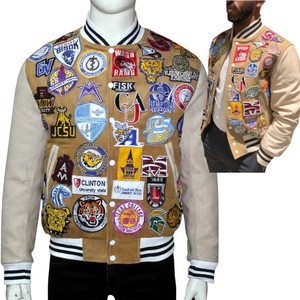 Chaqueta Varsity Negra Unisex con Parches Bordados, Diseño de Letra V, Estilo Vintage, Corte Regular, para Invierno, Cuello Alto - Product Image 5
