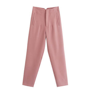 Pantalones casuales clásicos de mujer de cintura alta elástica, holgados, rectos, hasta el tobillo, transpirables, de color liso, estilo primavera con abertura frontal. - Product Image 5