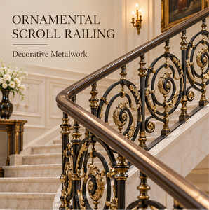 Barandal de Escalera Metálico Ornamental Negro y Dorado con Volteo Circular y Motivos de Hojas Decorativas para Interiores de Lujo - Product Image 3