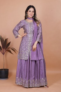 Elegant Chinon Silk Shimmer <b>Sequin</b> Tunic Multi <b>Flare</b> Palazzo Pants Heavy Scarf Pack Girls Three Piece Boutique Suit - Product Image 2