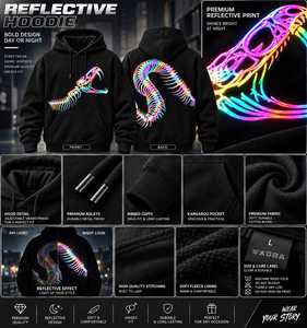 Reflective Rainbow Skeleton Snake <b>Hoodie</b>, <b>Gothic</b> Streetwear Sweatshirt (Unisex) - Product Image 3