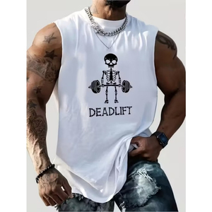 <b>Men's</b> <b>White</b> Sleeveless Tank Top Skull Deadlift Print O-Neck Casual Gym <b>Vest</b> Breathable Cotton Muscle Shirt - Product Image 6