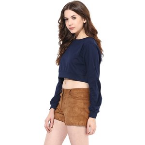 Women's <b>Navy</b> Blue Cropped Long Sleeve Sweatshirt O-Neck Knitted Cotton Casual <b>Top</b> Summer Wear - Product Image 3