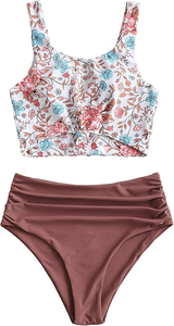 Ensemble de maillot de bain deux pièces extensible pour femme, haut tankini floral et bas froncé taille haute, collection 2026, fabriqué au Pakistan - Product Image 6