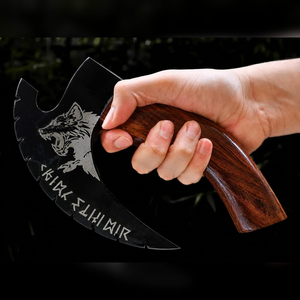 Couteau à pizza Viking en acier inoxydable noir, motif Ulu, gravé loup, coupe-pizza à bascule avec étui en cuir – Vente en gros - Product Image 6