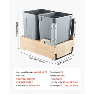 Poubelle coulissante en bois à double bac 35 QT X2 pour armoires de cuisine, bac de recyclage de déchets 12L à capteur, conteneur de déchets à fixation murale - Product Image 3