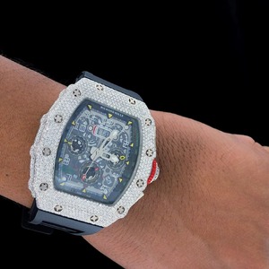 Montre mécanique carrée Iced Out avec lunette diamantée, chronographe, bracelet en acier inoxydable, affichage analogique, style Hip Hop, 20 mm pour homme - Product Image 1