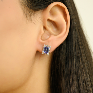 ดีไซน์หรูหราและคลาสสิก ต่างหูเพชรและแทนซาไนต์ทรงกลมประดับเพชรรอบๆ ทำจากทองคำขาวแท้ 14K ขายส่งราคาดีที่สุด เครื่องประดับประจำเดือนเกิด - Product Image 2