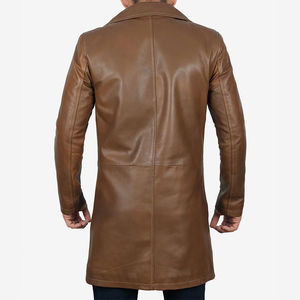Manteau trench en cuir véritable pour homme, chaud et long, marron, veste décontractée en cuir véritable avec col à revers et boutons, manteau d'extérieur - Product Image 2