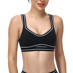 Sujetador deportivo acanalado sin costuras transpirable de alto soporte para mujer con tirantes cruzados y logo frontal, ideal para gimnasio, fitness, yoga y ropa deportiva. - Product Image 1