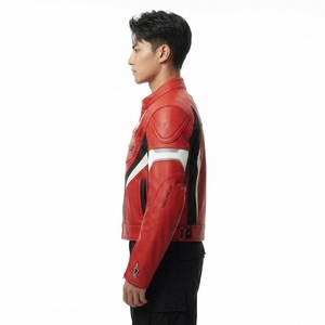 เสื้อแจ็คเก็ตหนังสีแดงสดดำแบบ Colorblock สำหรับผู้ชาย รุ่น Redline Zero Nine สไตล์นักแข่งรถมอเตอร์ไซค์สุดเท่ - Product Image 4