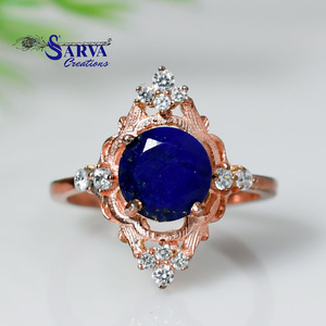 Bague en argent sterling 925 avec lapiz-lazuli naturel taillé, sertie de zircons cubiques, style vintage, pour fiançailles, mariage, fête, femme - Product Image 5