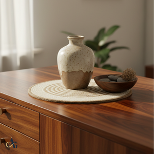 แผ่นรองจานทรงกลมขนาด 14 นิ้ว ทำจากผ้าปอกระเจาผสมฝ้ายทอมือ งานฝีมืออินเดีย ตกแต่งโต๊ะสไตล์ร่วมสมัย แผ่นรองจานรักษ์โลก แบรนด์ AG Elements - Product Image 4