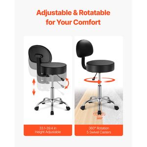 Sgabello Girevole Regolabile in Altezza con Schienale e Ruote in Pelle PU Rinforzata, Capacità di Carico 450 LBS, Arredamento per Salone - Product Image 4