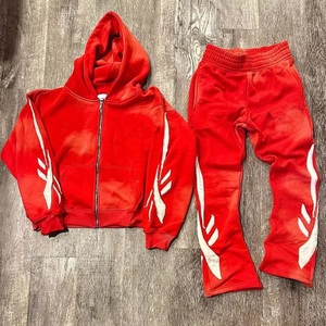 Conjunto Deportivo Unisex Rojo, Sudadera con Capucha y Pantalones Deportivos, Estampado Geométrico, Cierre de Cremallera de Manga Larga, Estilo Deportivo Urbano - Product Image 5