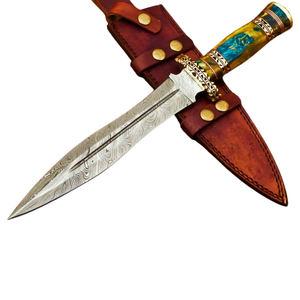 Cuchillo de Damasco Hecho a Mano con Mango de Resina Verde, Hoja Fija con Patrón, Cuchillo de Caza con Funda de Cuero Marrón para Exteriores - Product Image 1