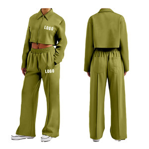 Ensemble deux pièces décontracté pour femme White Bird Express : veste courte à capuche olive et pantalon large, survêtement assorti, vêtements de sport 100% coton - Product Image 1