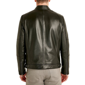 <b>Men</b> Premium Leather Moto Jacket Stand Collar Zipper Closure Slim Fit Black Regular Sleeve Autumn Style - Product Image 4