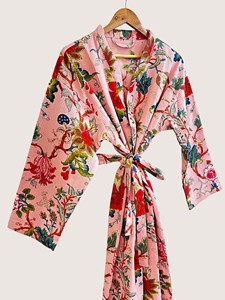 Bata Larga Estampada Floral para Mujer, Manga Tres Cuartos, Cuello Mandarín, Suave, Informal, para Primavera, Mezcla de Viscosa y Poliéster - Product Image 5