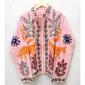 Chaqueta Varsity Rosa Bordada, Ecológica, Transpirable, de Algodón, con Estampado Floral, Cuello Mao, Manga Larga, para Mujer, Primavera - Product Image 1