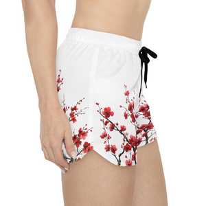 Shorts blancs à imprimé floral pour femmes avec motif de fleurs de prunier rouges, taille élastique, coupe régulière, style décontracté, respirant, tricoté - Product Image 6