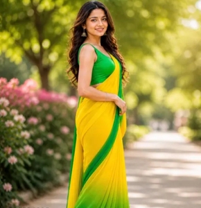 Sari de Rayón Verde y Amarillo Elegante KV con Blusa Sin Coser, Sin Arrugas, Reversible, para Otoño, Playa y Fiestas - Product Image 1