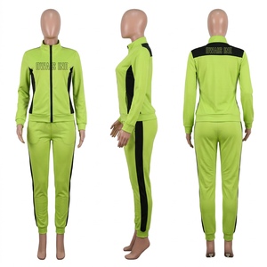 Ensemble de survêtement pour femmes, couleur verte, veste à col montant avec fermeture éclair, pantalon à manches longues, sportif, 2 pièces - Product Image 1