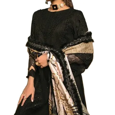 パキスタンのモダンファッション女性の衣装シンプルな黒の刺繍入りロングシャツ、プリントファンシーデュパッタ