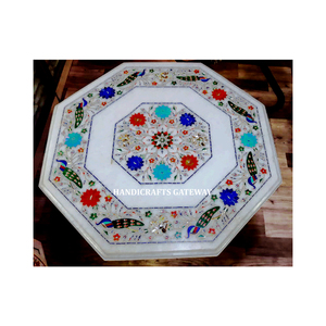 Plateau de table à manger de forme octogonale en marbre blanc, design floral exclusif et antique, finition de haute qualité, conçu par un designer indien - Product Image 4