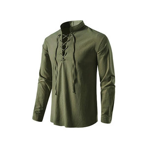 Chemise pour homme de style médiéval bleue à col montant, manches courtes, avec laçage frontal et ceinture, coupe classique, tenue décontractée - Product Image 5