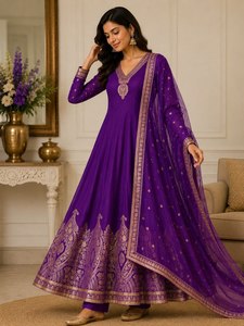 Ensemble Kurti Anarkali en soie violette Banarasi, longueur ras du sol, avec dupatta brodé, robe de mariage indienne et pakistanaise, travaux de qualité supérieure BANARASI - Product Image 1