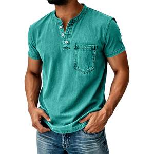 T-shirt pour homme en coton 100% lavé, fabriqué par OEM, col Henley, manches courtes, décontracté, effet délavé, vintage, coupe ample, été - Product Image 5