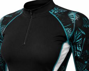 <b>Women's</b> Full Sleeve Rash Guard <b>Swim</b> Top Eco-Friendly UV Protection Breathable Quick Dry Spandex 180g Fabric Black Teal Print - Product Image 1