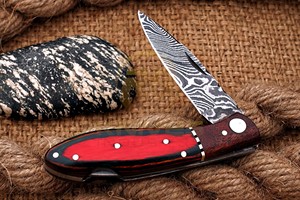 Cuchillo Plegable de Acero de Damasco Premium con Mango de Madera, Hecho a Mano, para Caza, Camping, Supervivencia, Cuchillo de Bolsillo EDC - Product Image 2