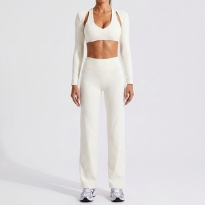 Custom Women's Yoga Set 3 Piece Slim Fit High Stretch <b>Sweat</b> Wicking Fitness Sportswear Crew Neck Backless Spandex/Nylon - Product Image 3