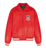 Chaqueta Bomber de Cuero Roja Personalizada para Hombre, con Parche Bordado, Cierre Frontal, Casual, Impermeable, Cortavientos, con Cuello Camisero