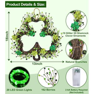 Decoraciones para el Día de San Patricio, Guirnalda de 20 Luces LED Verdes, 10 Tréboles, Adorno para Puerta Delantera de 18 Pulgadas, Plantas Artificiales, Follaje Verde - Product Image 4