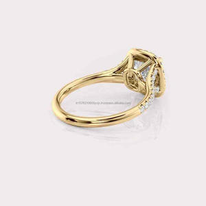 Cushion Cut Lab Grown <b>Diamond</b> Halo Engagement <b>Ring</b> in Yellow Gold Hidden Halo Pave Band Bridal Promise <b>Ring</b> for Women - Product Image 4