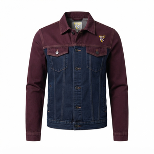 Veste en jean pour homme, couleur bordeaux et bleu, col rabattu, logo sur le devant, style décontracté, coupe classique, vêtement d'hiver, style streetwear - Product Image 1