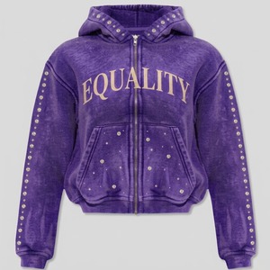 Sudadera con capucha y cremallera de moda, color naranja, con efecto acid wash, mangas con pedrería, estampado gráfico 'Equality', estilo oversize, streetwear, corta - Product Image 6