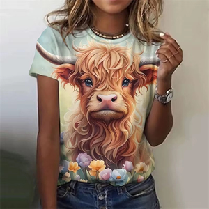 Camiseta con estampado de vaca y burro para mujer, camisetas con estampado 3D de animales y flores, Top de algodón con cuello redondo, moda de verano - Product Image 2