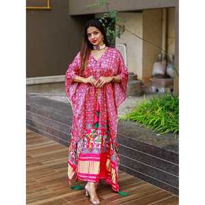 CAFTAN DESIGNER IMPRIMÉ SATIN PUR PUR PLEIN COUTURE POUR LA FÊTE ROUGE - Product Image 1
