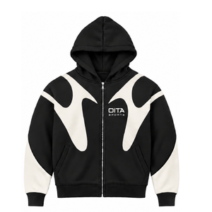 Sweat-shirt à capuche zippé noir avec empiècements contrastants pour homme, style streetwear, fermeture éclair intégrale, manches longues, molleton décontracté avec poches - Product Image 1