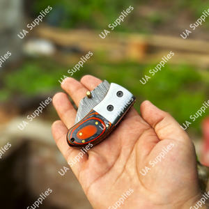 Cuchillo plegable de acero de Damasco de 5 pulgadas, hecho a mano, mini, para camping, con punta de cuchilla, afilado, profesional, EDC, mango de madera Pakka, OEM, bajo precio - Product Image 2