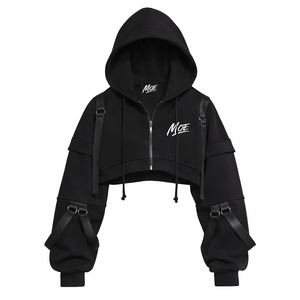 Veste courte zippée personnalisée pour femme, style gothique punk techwear, avec sangle à boucle et anneau en D, manches oversize, streetwear, en polaire - Product Image 2