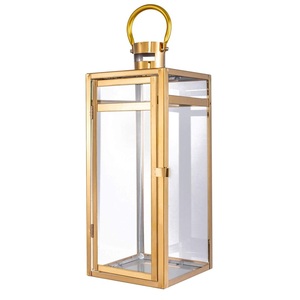 <b>Gold</b> Stainless Steel Vintage Style Candle <b>Lantern</b> Home Decor Wedding Centerpiece Decorative Metal Glass Hanging <b>Lantern</b> For Sale - Product Image 1