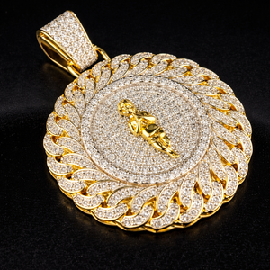 925 <b>Silver</b> Rhodium Plated Custom Party Unisex Iced Christian Guardian Baby Angel Medallion Moissanite <b>Necklace</b> Fine Pendants - Product Image 1