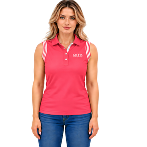 Polo sans manches rouge corail pour femme, coupe ajustée, col patchwork, pour l'équitation et l'entraînement, personnalisable, vente en gros - Product Image 1