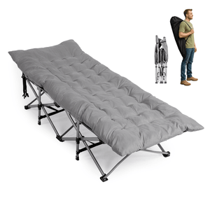 Lit de camping pliable gris portable avec matelas souple pour la sieste en extérieur, au bureau ou en voyage à la plage pour adultes - Product Image 1